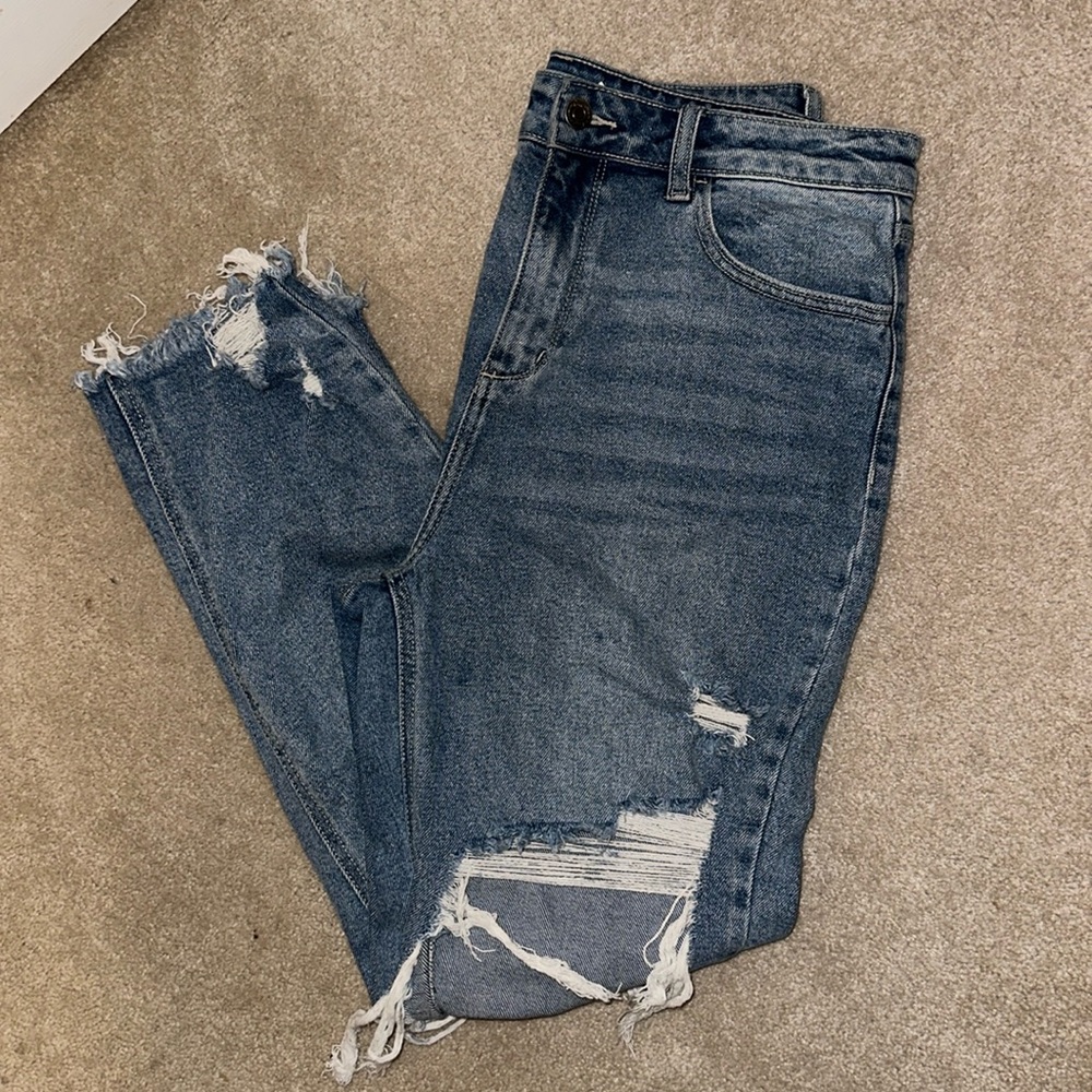 Cello high rise distress crop straight jeans